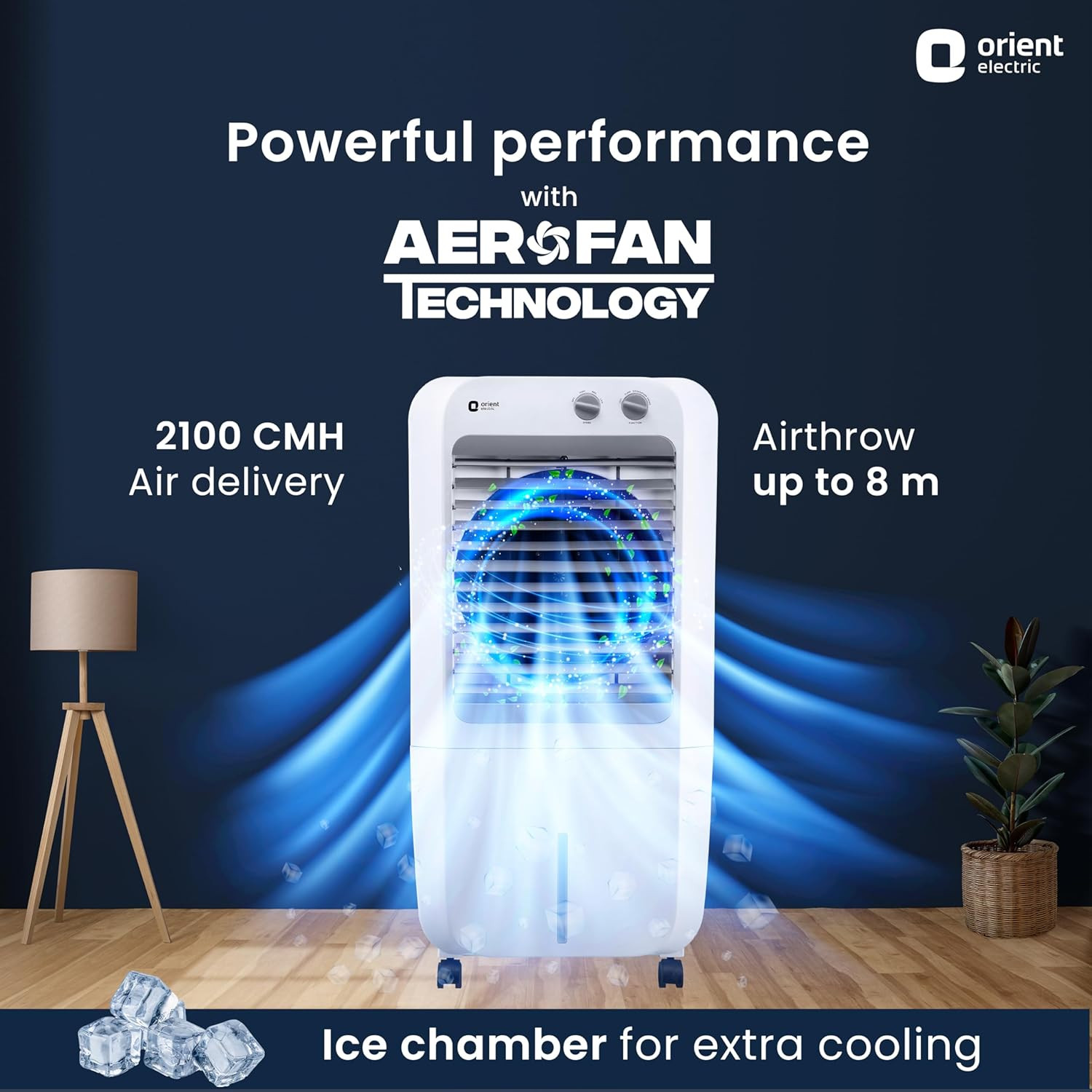 Orient Electric Aeroquid 46L Personal Cooler 8m Air Throw Distance 150W Power Consumption 4 Way Cooling 1 Year Product Warranty White