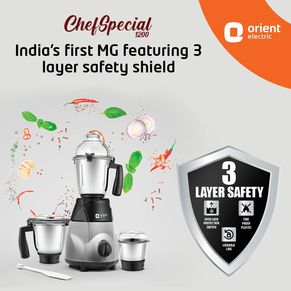 Orient Electric Chefspecial 1200W 3 jar Mixer Grinder MGCS120G3Black Silver