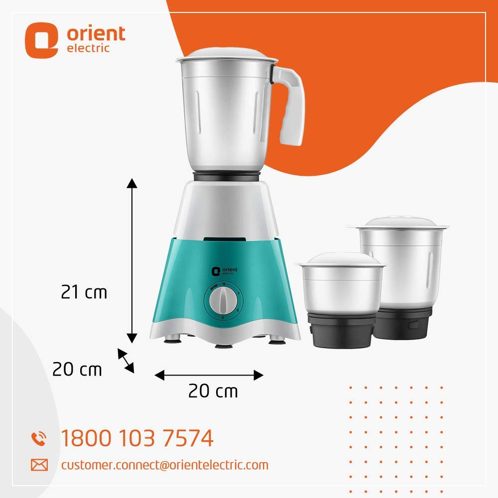 Orient Electric MGBL50TG3 500W Mixer Grinder with 3 Jars Green Turquoise Green