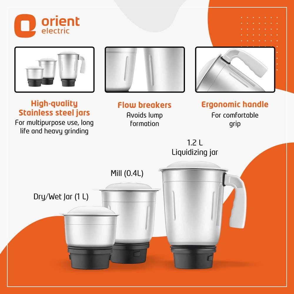 Orient Electric MGBL50TG3 500W Mixer Grinder with 3 Jars Green Turquoise Green