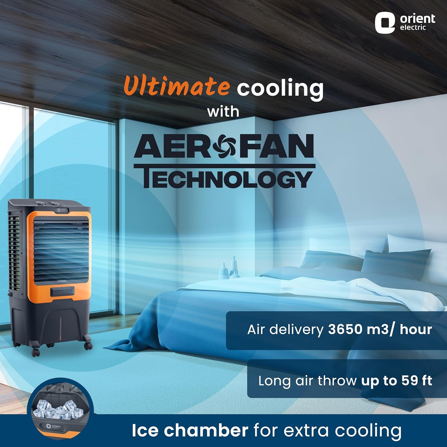 Orient Electric Ultimo 50L Desert Air Cooler with Densenest Honeycomb pads Ice chamber High Air Delivery Desert Cooler for home Grey and Orange