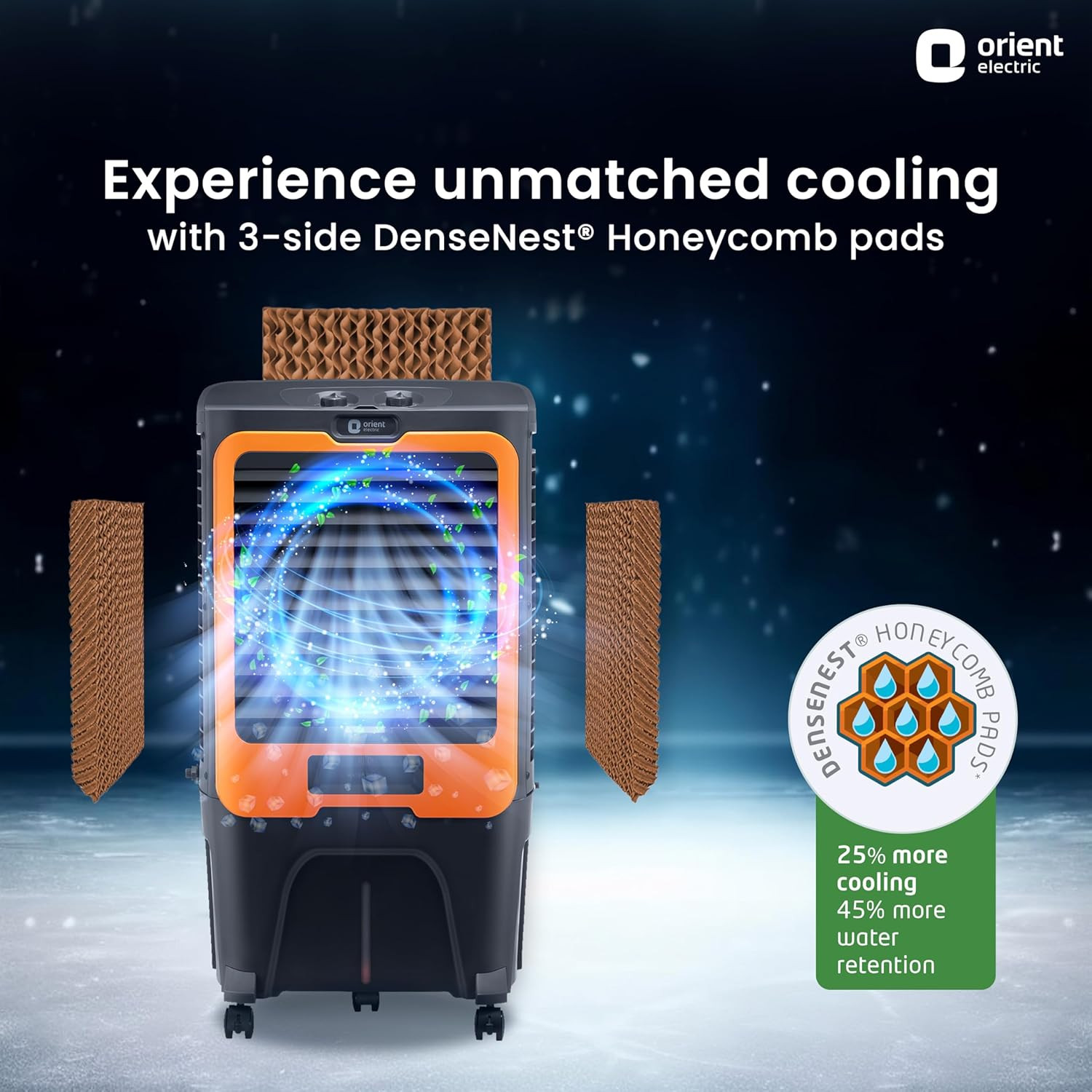 Orient Electric Ultimo 50L Desert Air Cooler with Densenest Honeycomb pads Ice chamber High Air Delivery Desert Cooler for home Grey and Orange