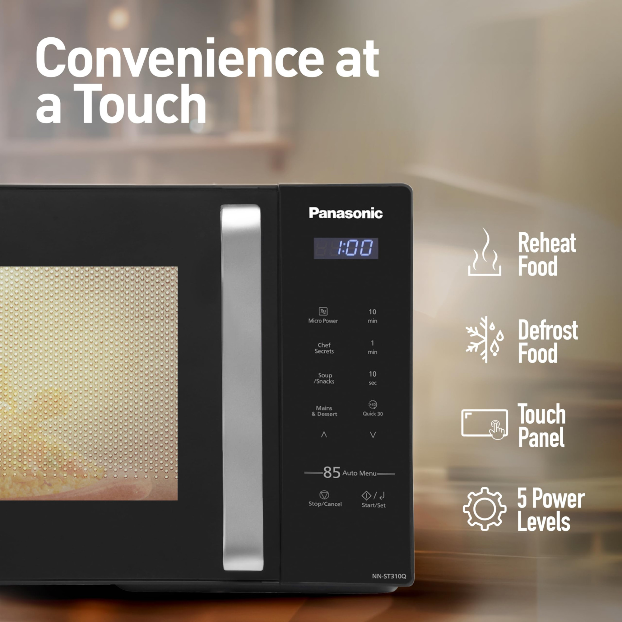 Panasonic 25L Solo Microwave Oven NN-ST310QBFG Black 85 Auto Cook Menus