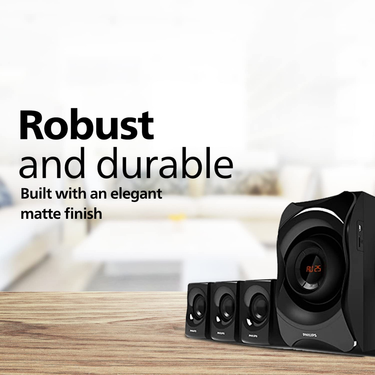 Philips Audio SPA8000B94 51 Channel Multimedia Speaker System with Bluetooth 5x15W Satellite Speakers LED Display Robust Design Matte Finish Black