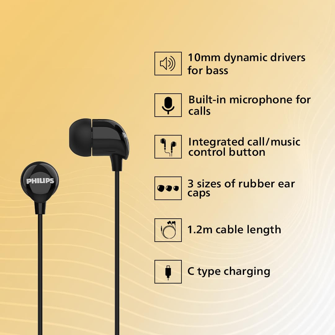PHILIPS Audio TAE1159BK00 in-Ear Wired Earphones with C-Type Jack 10mm Drivers Inline Mic Powerful Bass and Clear Sound Tangle Free 12m Cable and 3 x Inter Changeable Ear Tips Black