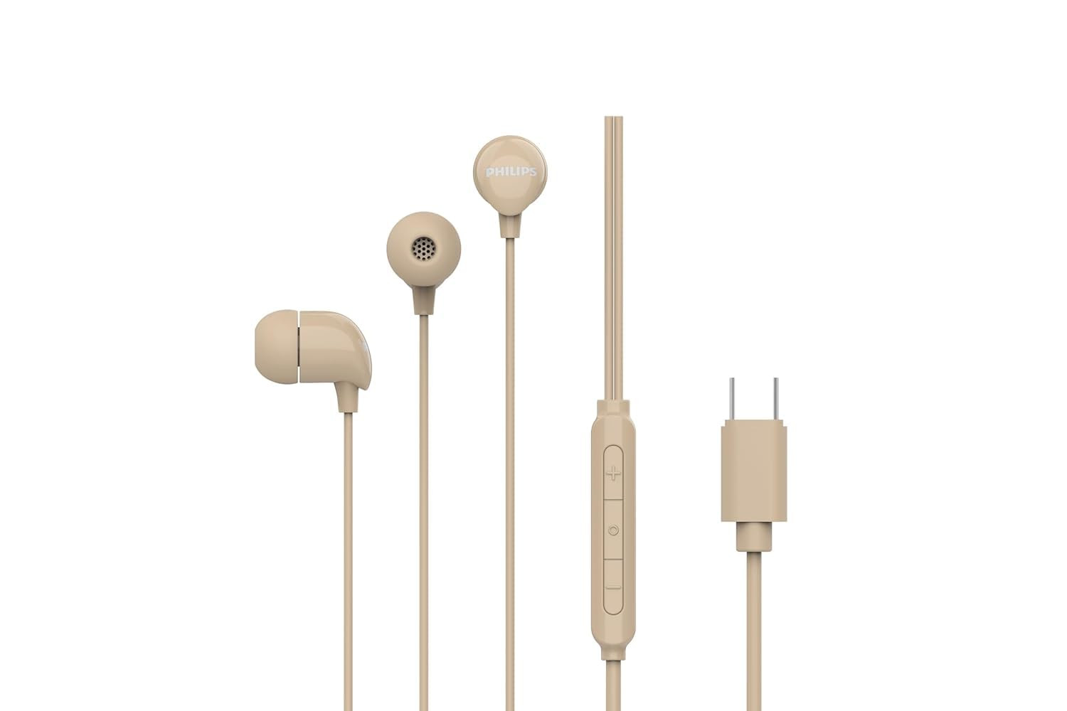 PHILIPS Audio TAE1159GD00 in-Ear Wired Earphones with C-Type Jack 10mm Drivers Inline Mic Powerful Bass and Clear Sound Tangle Free 12m Cable and 3 x Inter Changeable Ear Tips Gold