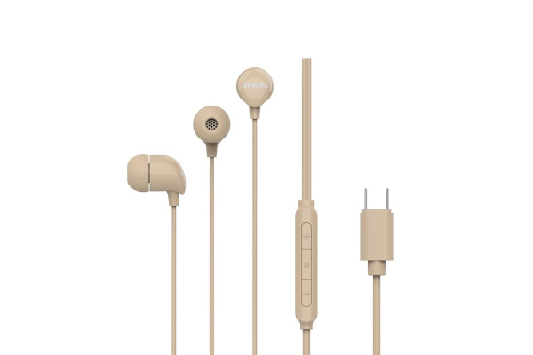 Image of PHILIPS Audio TAE1159GD/00 in-Ear Wired Earphones with C-Type Jack, 10mm Drivers, Inline Mic, Powerful Bass and Clear Sound, Tangle Free 1.2m Cable and 3 x Inter Changeable Ear Tips (Gold)