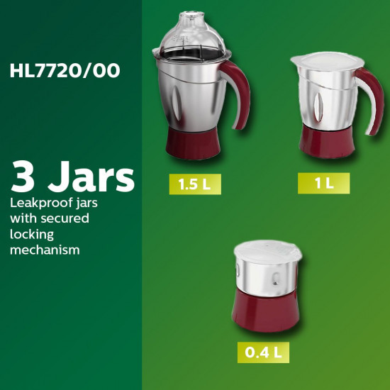 Philips HL 7720 750-Watt Mixer Grinder with 3 Jars Multicolour