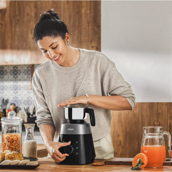 PHILIPS HL777700 Mixer Grinder 750W 4 Jars Smart One-Touch Mode 50 Reduction in sound power Digital Interface Intelli-speed Technology for Pre-Set cooking Soft Sound Technology Metallic Silver and Bold Black Large