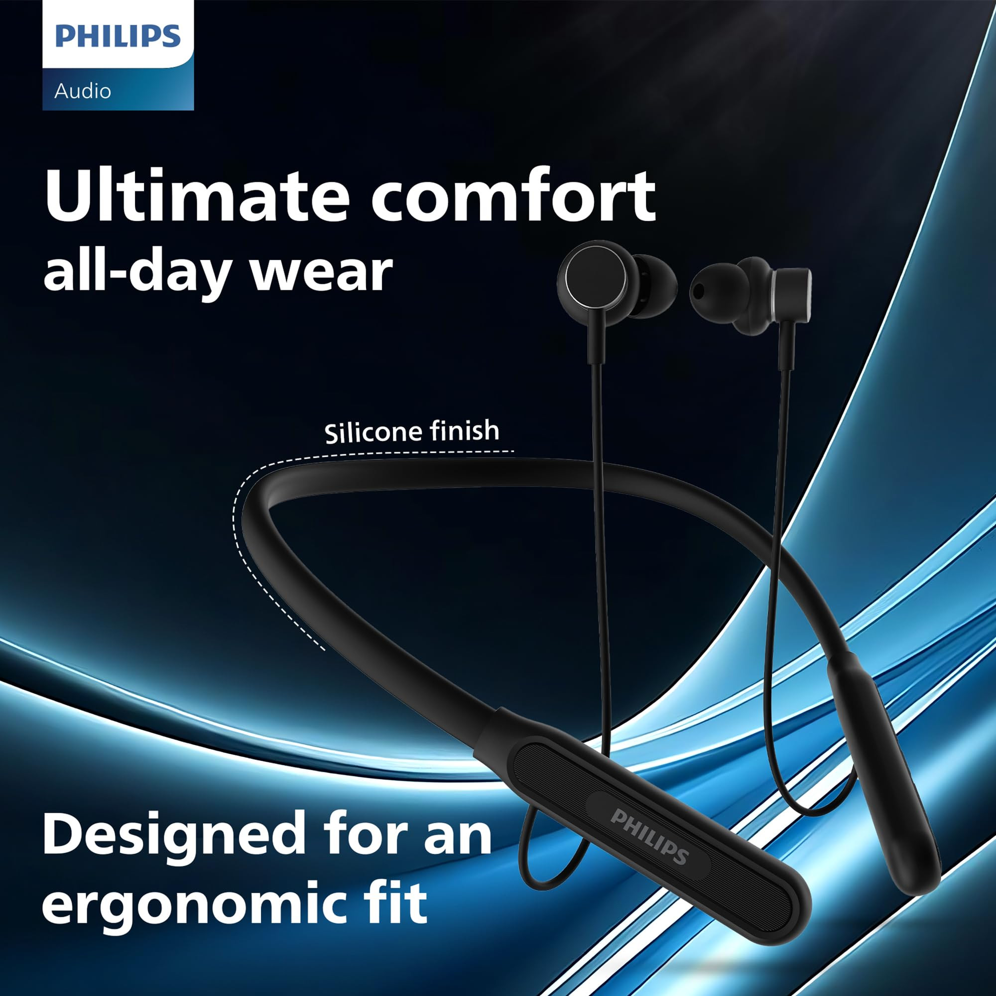 PHILIPS TAN1150BK94 Wireless Neckband with 60 Hr Playtime Fast Charging 13mm Deep Bass Drivers AI ENC Mic Multipoint Connectivity Bluetooth v53 IPX5 Water Resistance Deep Black