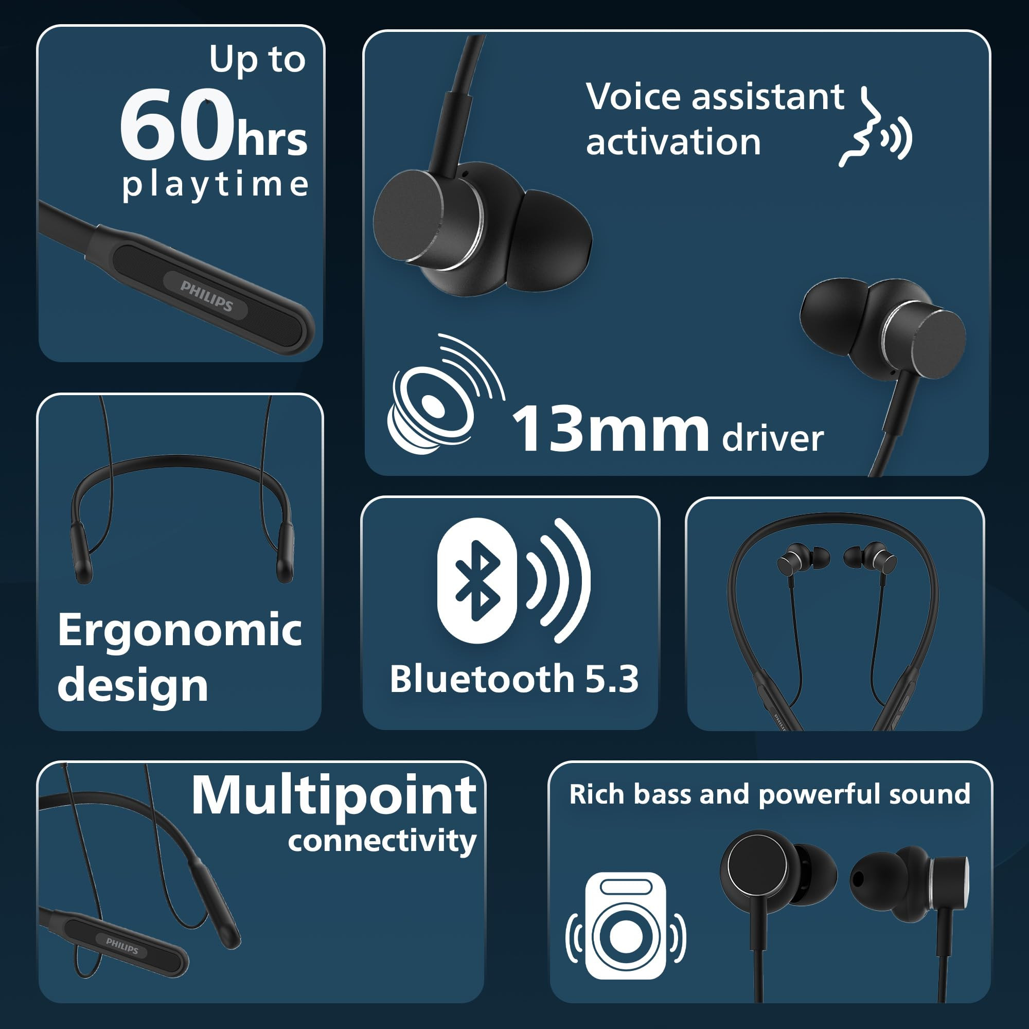 PHILIPS TAN1150BK94 Wireless Neckband with 60 Hr Playtime Fast Charging 13mm Deep Bass Drivers AI ENC Mic Multipoint Connectivity Bluetooth v53 IPX5 Water Resistance Deep Black