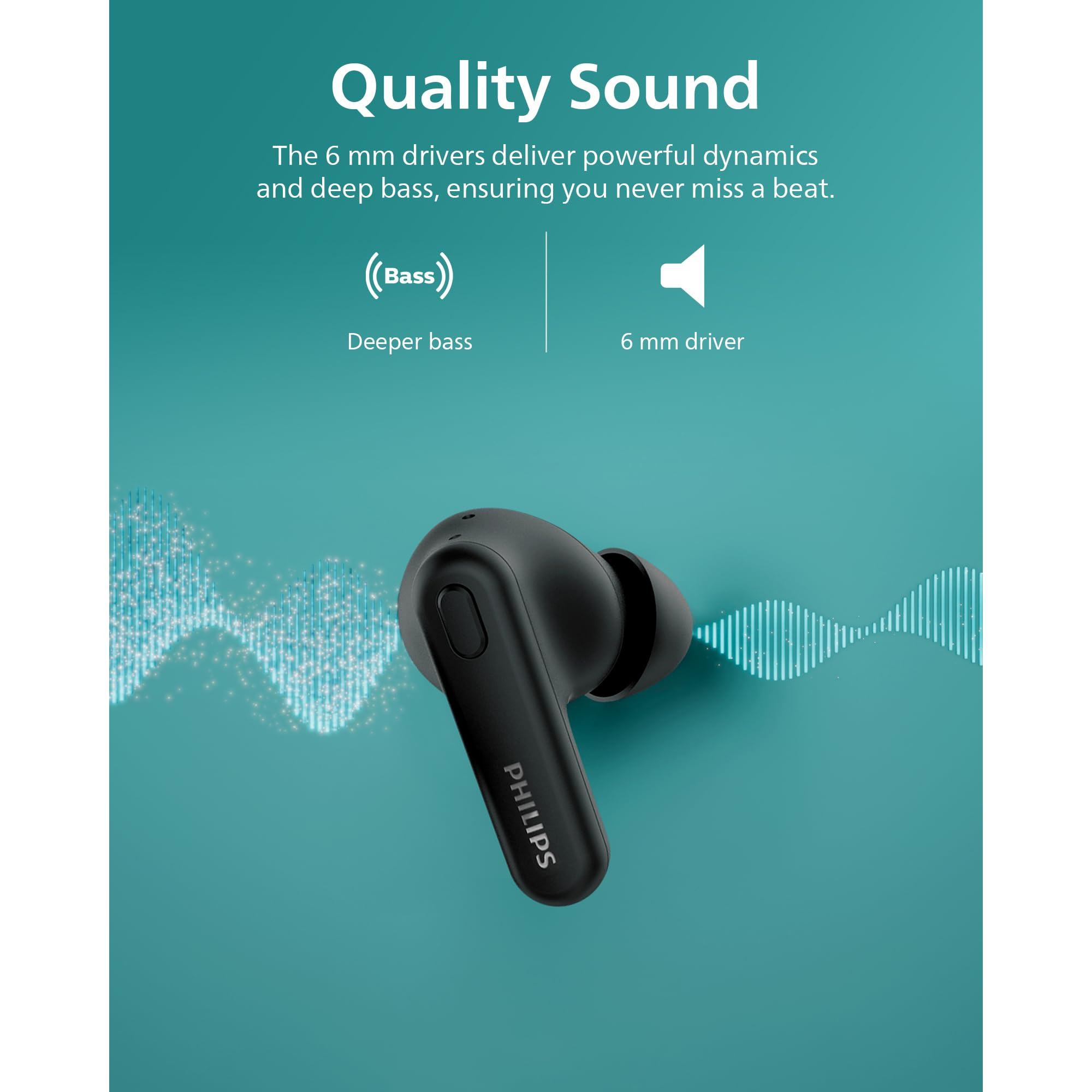 PHILIPS TAT1108BK00 True Wireless Earbuds in-Ear v53 Earphones with Mic 15H Play Time Shank Shape IPX4 Touch Controls Charging Case for iPhoneiPad Black