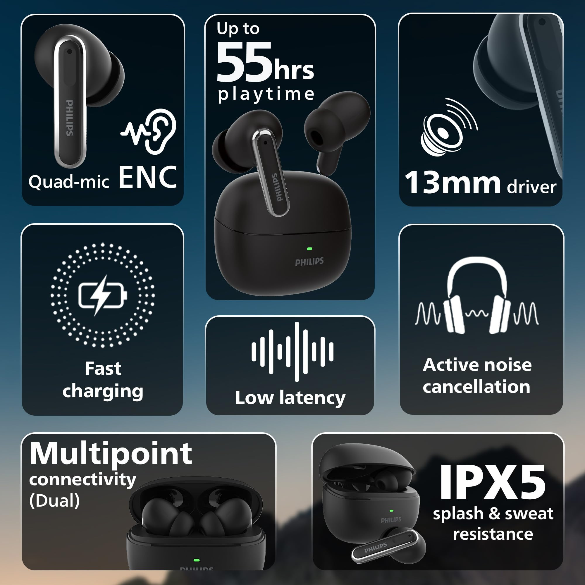 PHILIPS TAT1150BK94 Premium Wireless Earbuds with ANC Quad Mic ENC Up to 55 Hr Playtime13mm Neodymium DriversMultipoint ergonomically DesignedIPX5 Water ResistanceFast Charging Deep Black