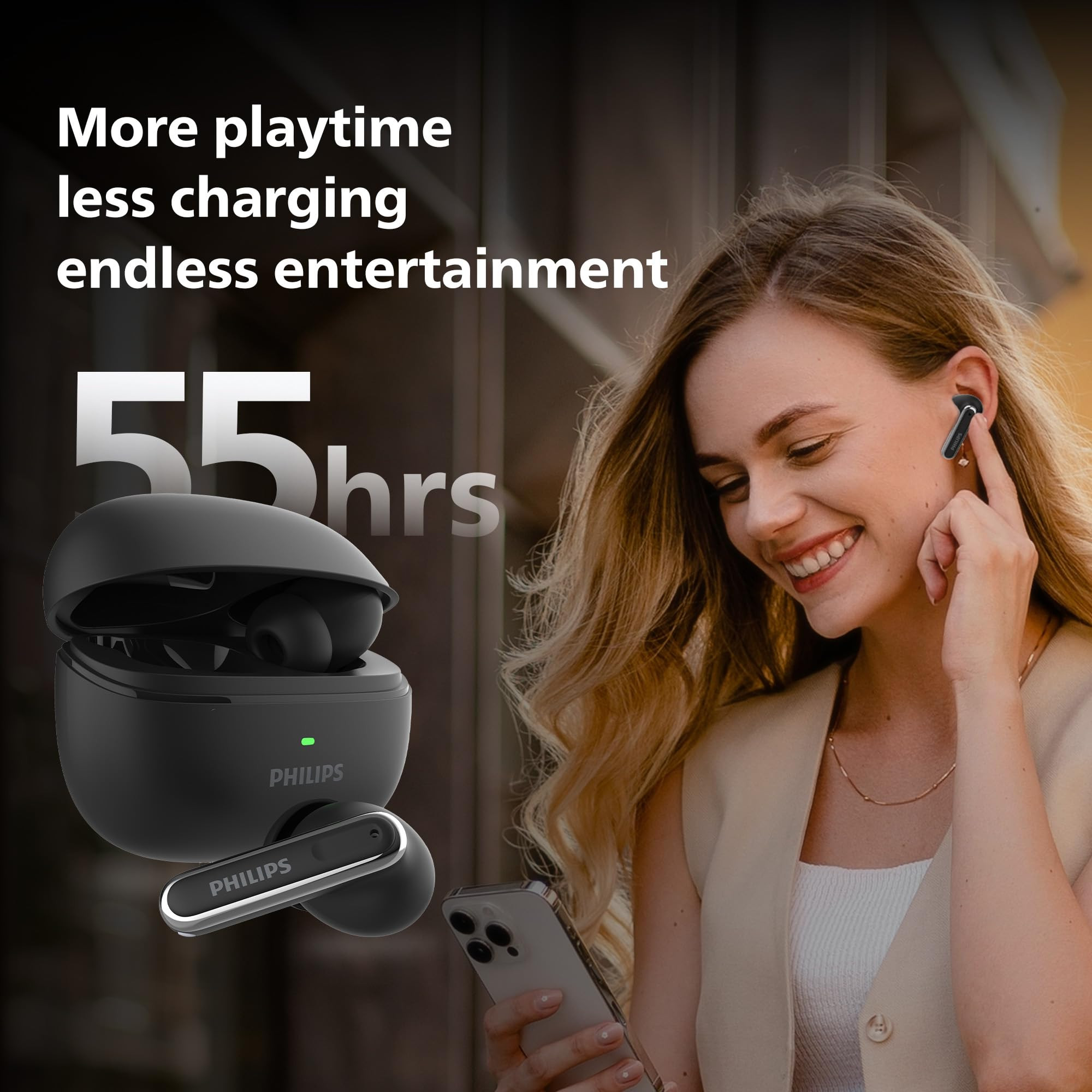 PHILIPS TAT1150BK94 Premium Wireless Earbuds with ANC Quad Mic ENC Up to 55 Hr Playtime13mm Neodymium DriversMultipoint ergonomically DesignedIPX5 Water ResistanceFast Charging Deep Black