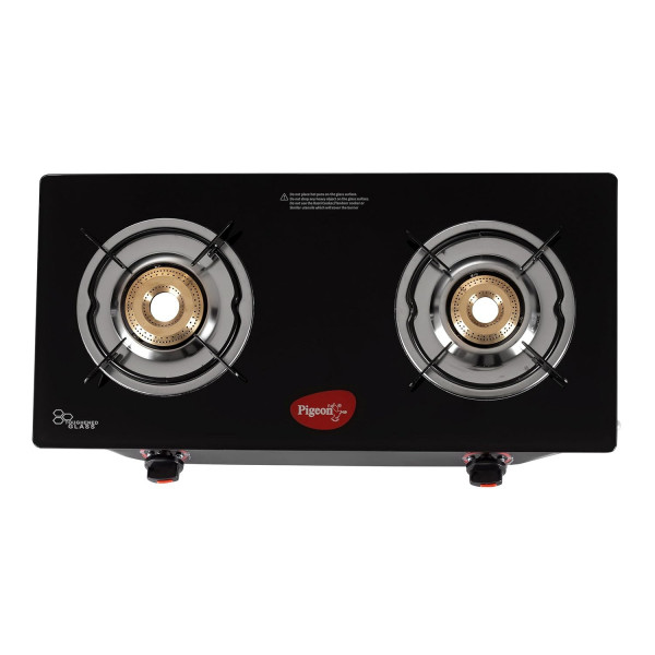 Image of Pigeon Aster Gas Stove 2 Burner with High Powered Brass Burner, Gas Cooktop with Glass Top and Powder Coated Body, black, standard (14266)