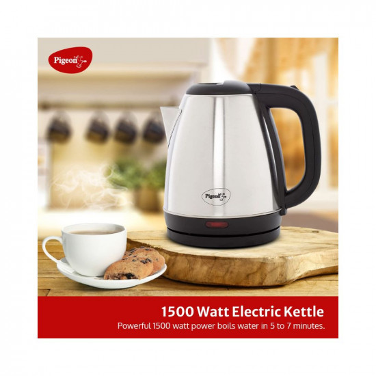 Pigeon by Stovekraft Amaze Plus Electric Kettle 14289 with Stainless Steel Body 15 litre used for boiling Water making tea and coffee instant noodles soup etc 1500 Watt Silver