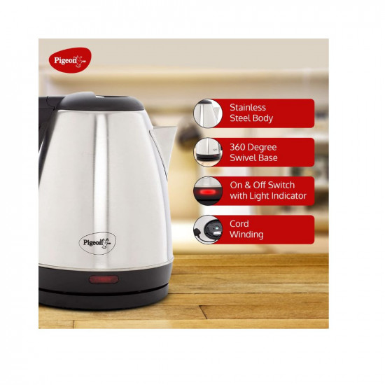 Pigeon by Stovekraft Amaze Plus Electric Kettle 14289 with Stainless Steel Body 15 litre used for boiling Water making tea and coffee instant noodles soup etc 1500 Watt Silver