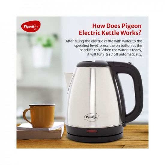 Pigeon by Stovekraft Amaze Plus Electric Kettle 14289 with Stainless Steel Body 15 litre used for boiling Water making tea and coffee instant noodles soup etc 1500 Watt Silver