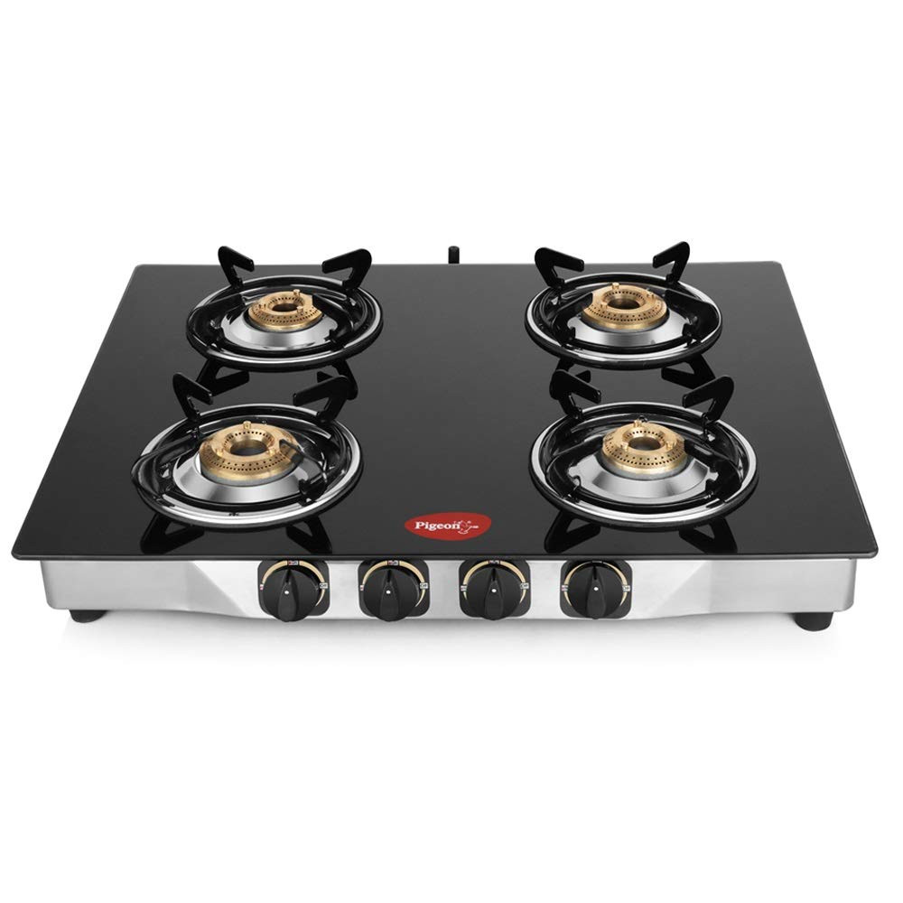 Pigeon by Stovekraft Blaze Gas Stove with High Powered 4 Brass Burner Glass Cooktop