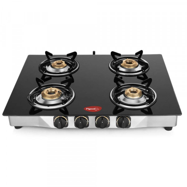 Image of Pigeon by Stovekraft Blaze Gas Stove with High Powered 4 Brass Burner, Glass Cooktop
