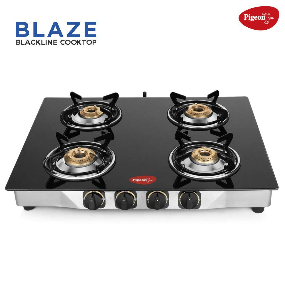 Pigeon by Stovekraft Blaze Gas Stove with High Powered 4 Brass Burner Glass Cooktop