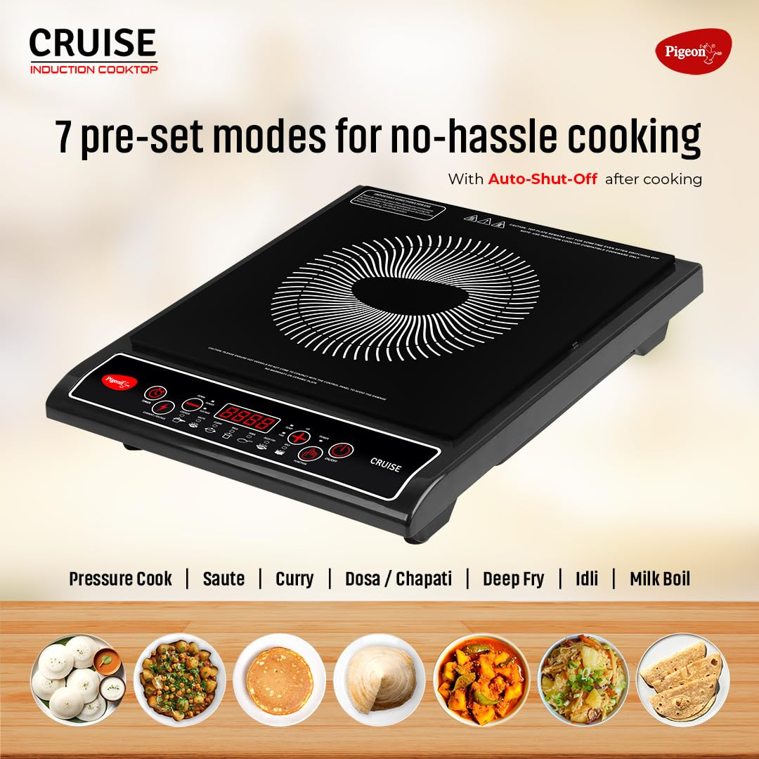 Pigeon by Stovekraft Cruise 1800 watt Induction Cooktop With Crystal Glass7 Segments LED Display Auto Switch Off - Black