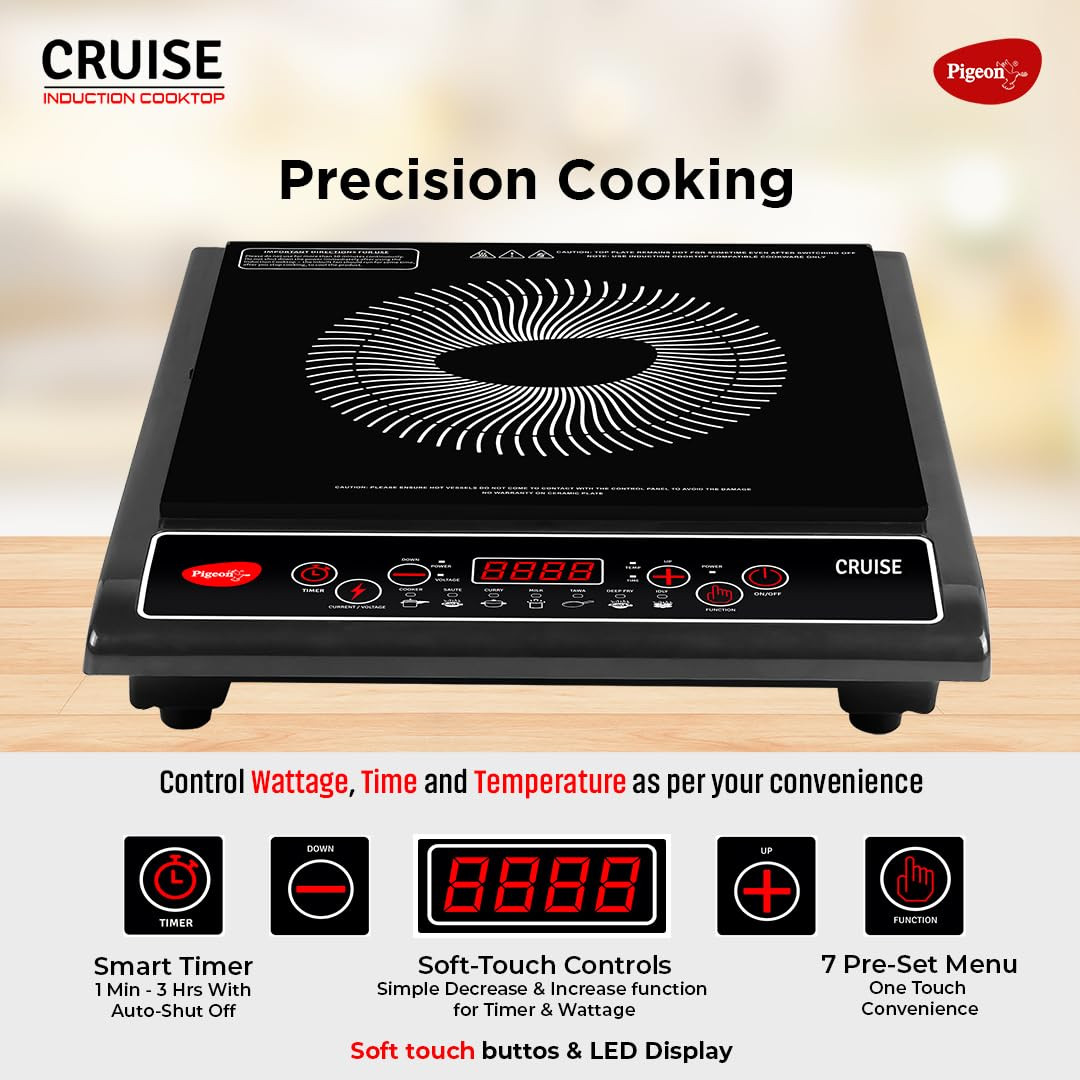 Pigeon by Stovekraft Cruise 1800 watt Induction Cooktop With Crystal Glass7 Segments LED Display Auto Switch Off - Black