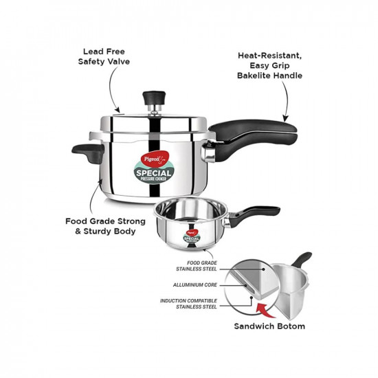 Pigeon By Stovekraft Special Stainless Steel Pressure Cooker with Outer Lid Induction and Gas Stove Compatible 2 3 5 Litre Capacity for Healthy Cooking Silver
