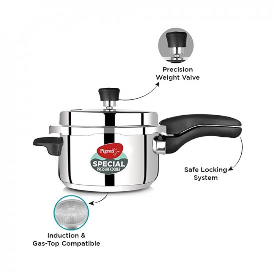 Pigeon By Stovekraft Special Stainless Steel Pressure Cooker with Outer Lid Induction and Gas Stove Compatible 2 3 5 Litre Capacity for Healthy Cooking Silver