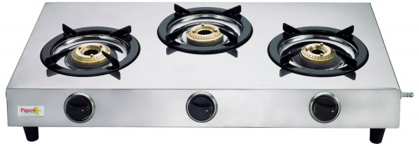 Image of Pigeon by Stovekraft Stainless Steel 123 Open LPG Gas Stove, (3 Burner, Silver, Manual Ignition)