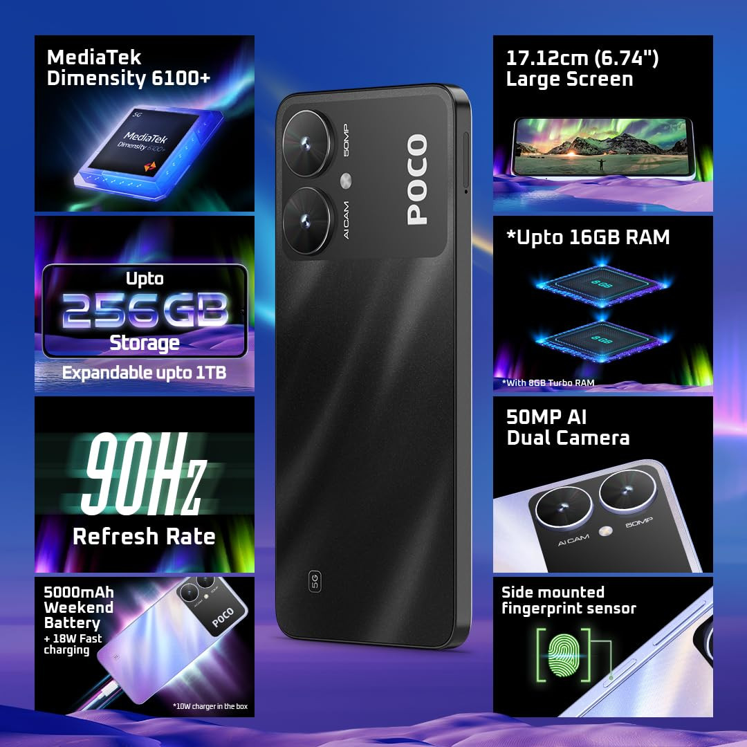 POCO M6 5G Galactic Black 4GB RAM 64GB Storage MediaTek Dimensity 6100 5G Processor 5000 mAh Battery 18W Fast Charging 50 MP AI Dual-Camera System Side Fingerprint Sensor