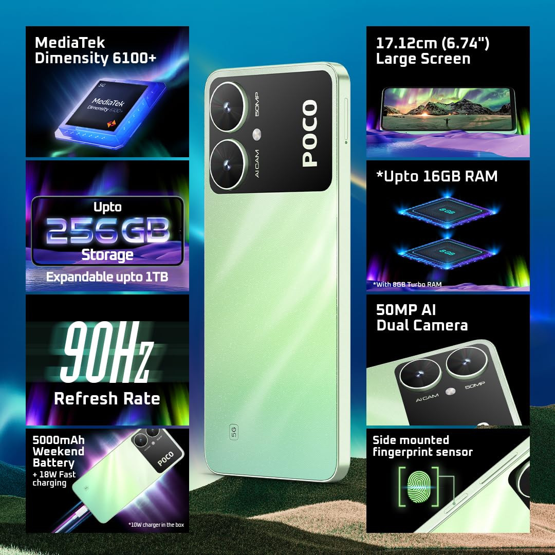 POCO M6 5G Polaris Green 4GB RAM 64GB Storage MediaTek Dimensity 6100 5G Processor 5000 mAh Battery 18W Fast Charging 50 MP AI Dual-Camera System Side Fingerprint Sensor