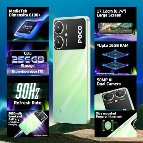 POCO M6 5G Polaris Green 4GB RAM 64GB Storage MediaTek Dimensity 6100 5G Processor 5000 mAh Battery 18W Fast Charging 50 MP AI Dual-Camera System Side Fingerprint Sensor