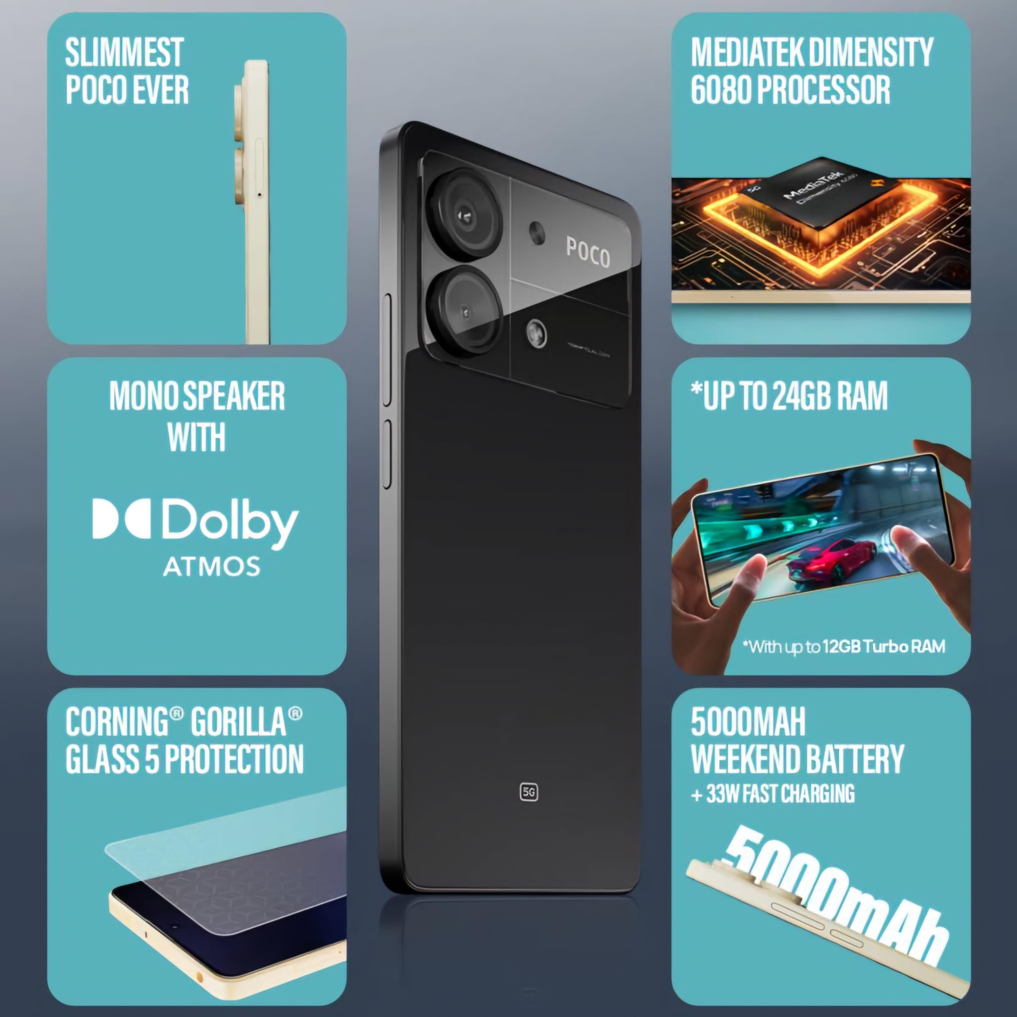 POCO X6 Neo 5G Astral Black 8GB RAM 128GB Storage Dimensity 6080 Processor 5000 mAh Battery 33W Fast Charging 108MP 2MP Rear Camera 16MP Front Camera