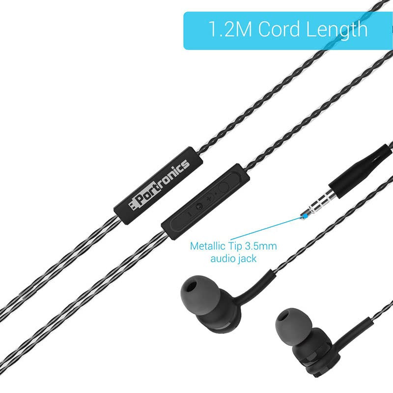 Portronics Conch Gama in-Ear Wired Earphone 12m Tangle Free Cable in-Line Mic Noise Isolation 35mm Aux Port and High BassBlack