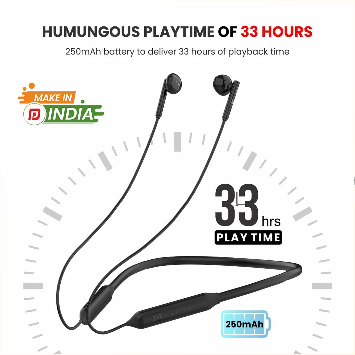 Portronics Harmonics Z5 Wireless Bluetooth Stereo Headset with 33Hrs Playtime Double EQ Mode 142 mm Dynamic Drivers Click Action ButtonsBlack