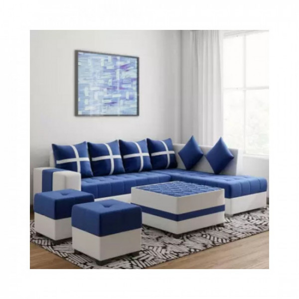 Image of PPI lifestyle furniture SIGNATURE BLUE Leatherette 8 Seater Sofa (Finish Color - WHITE, DIY(Do-It-Yourself))