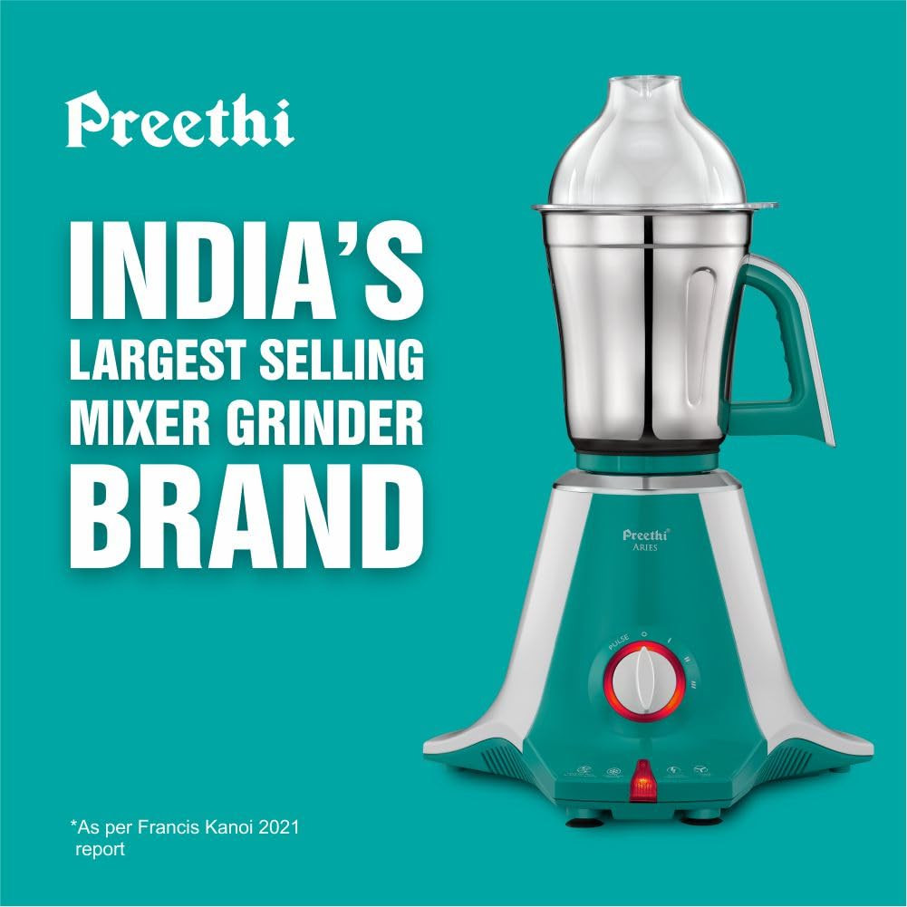 Preethi Aries MG 216 mixer grinder 750 watt Green 4 Jars Vega W5 motor with 5yr Warranty Lifelong Free Service