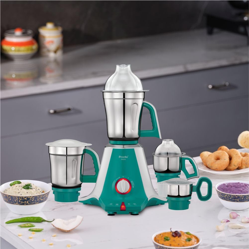 Preethi Aries MG 216 mixer grinder 750 watt Green 4 Jars Vega W5 motor with 5yr Warranty Lifelong Free Service