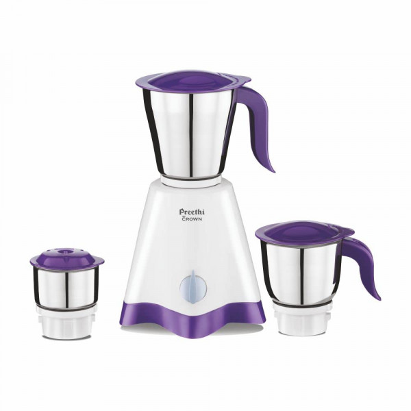 Image of Preethi Crown MG-205 Mixer Grinder, 500 watt, White/Purple, 3 Jars with 5 yr Motor Warranty &amp; Lifelong Free Service, Stainless Steel