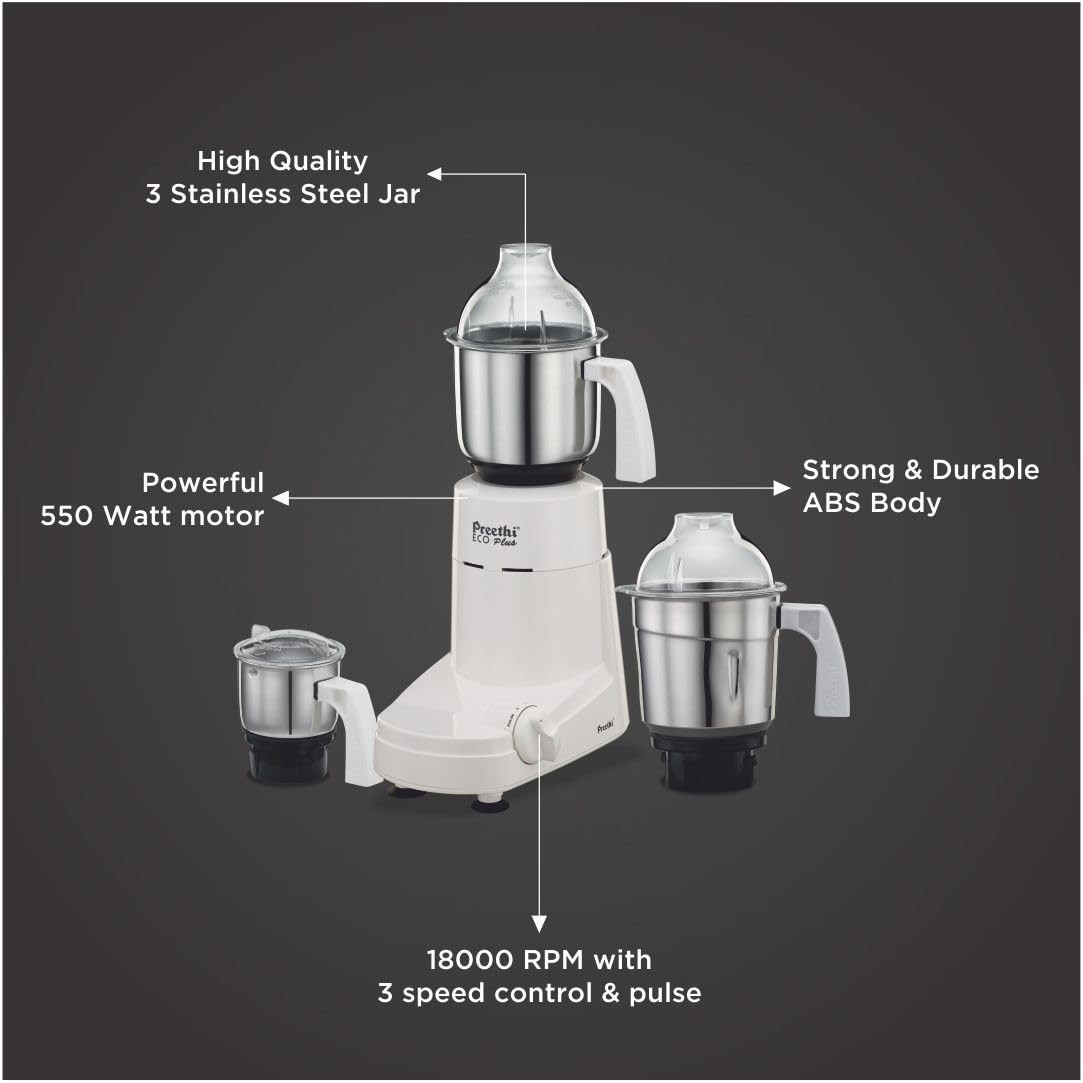Preethi Eco Plus 110 V MG-138 550 Watt 3 Jars 5 year motor warranty 2 years product guarantee White