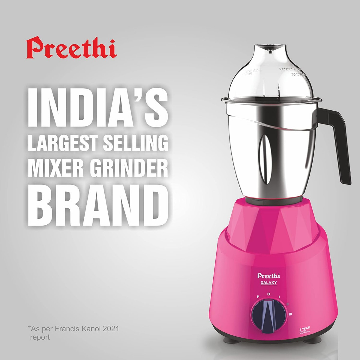 Preethi Galaxy MG225 Mixer Grinder 750 watt Pink 3 Jars Vega W5 Motor with 5yr Warranty Lifelong Free Service Plastic