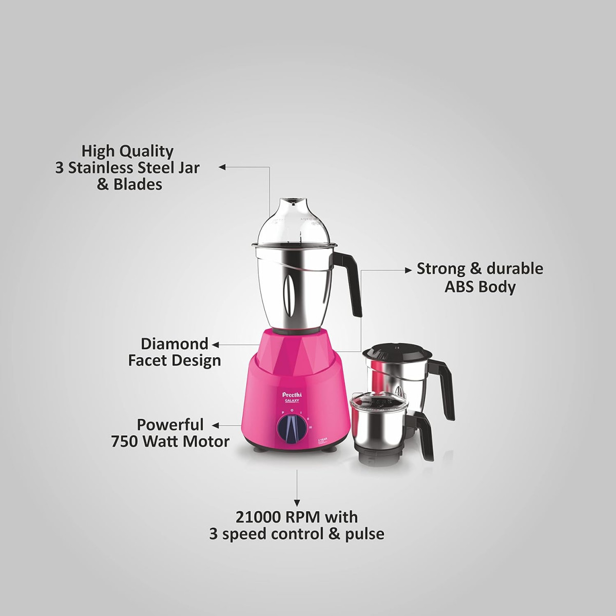 Preethi Galaxy MG225 Mixer Grinder 750 watt Pink 3 Jars Vega W5 Motor with 5yr Warranty Lifelong Free Service Plastic