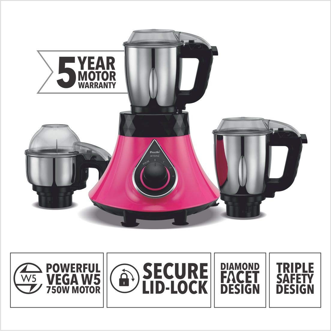 Preethi Mystic MG238 Mixer Grinder 750 watt with 3 Jars Pink