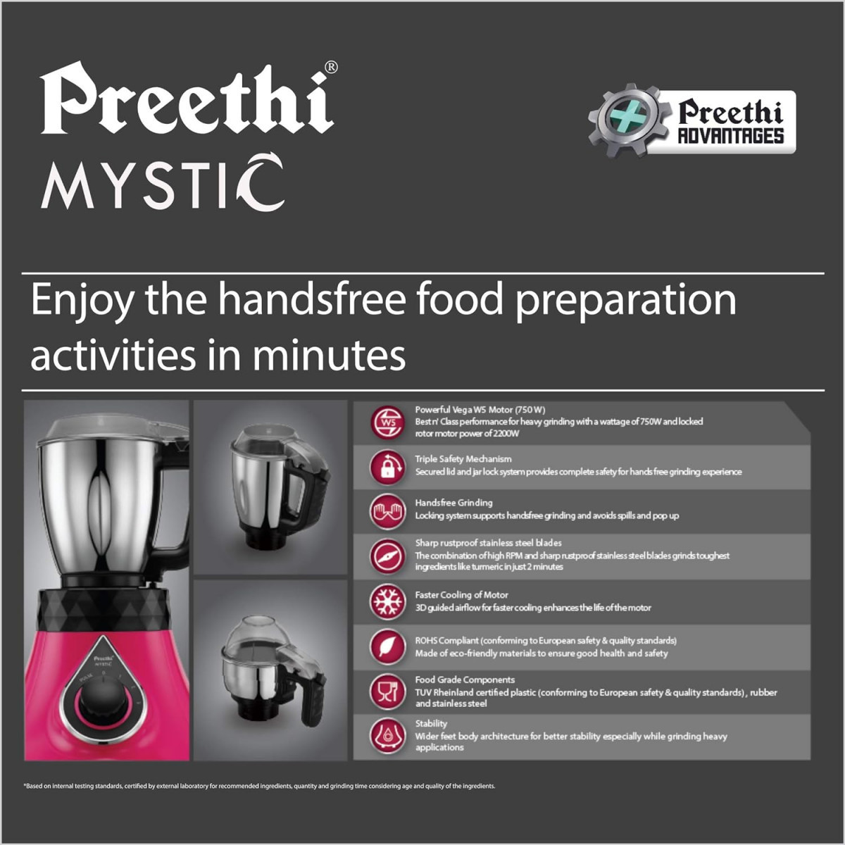 Preethi Mystic MG238 Mixer Grinder 750 watt with 3 Jars Pink