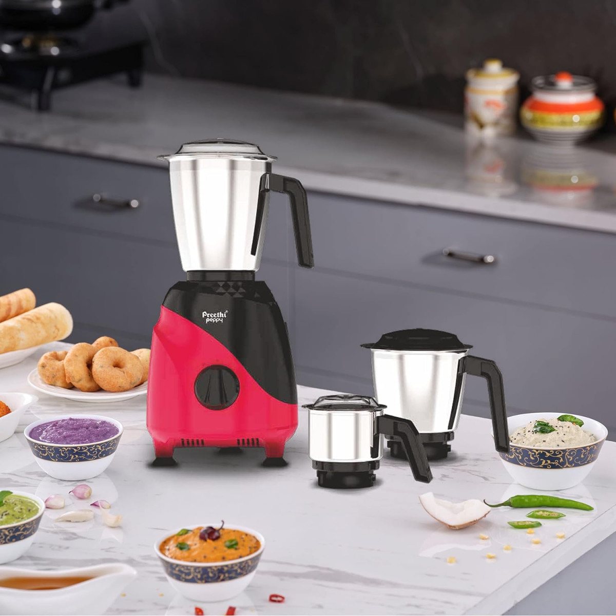 Preethi Peppy MG-245 mixer grinder 750 watt Black Red 3 jars Vega W5 Motor with 5yr Warranty Lifelong Free Service