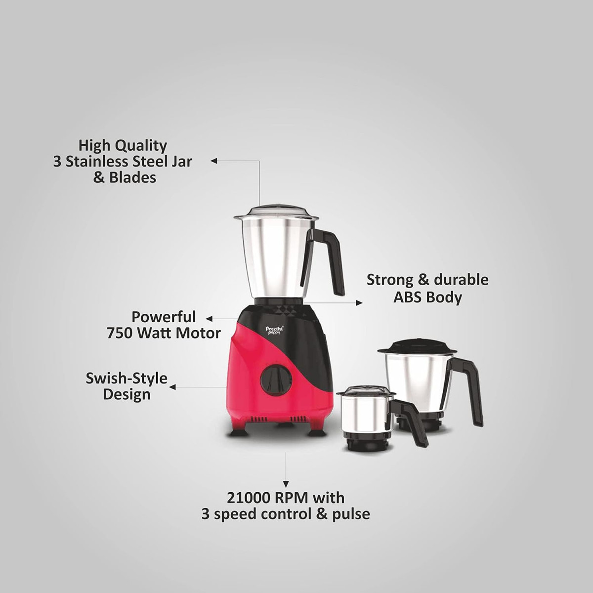 Preethi Peppy MG-245 mixer grinder 750 watt Black Red 3 jars Vega W5 Motor with 5yr Warranty Lifelong Free Service