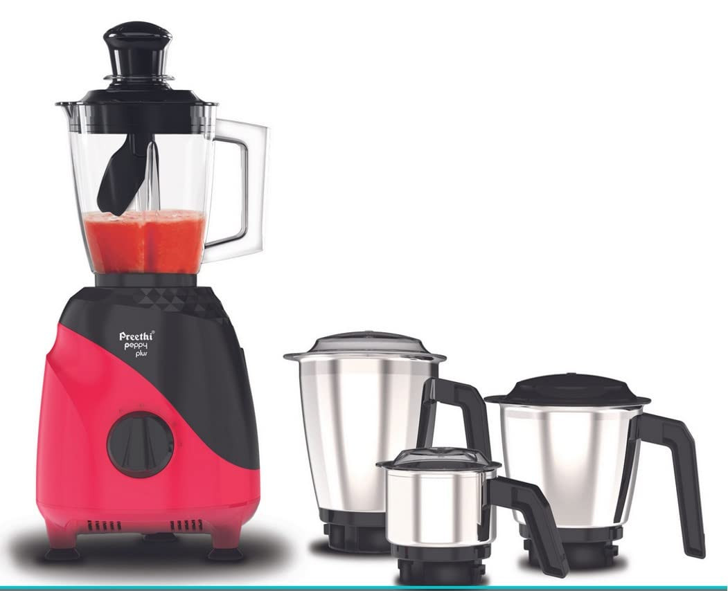 Preethi Peppy Plus MG-246 Mixer Grinder 750 watt Red-Black 4 Jars - Super Food Jar with Texture Builder 3D Airflow Technology Vega W5 Motor with 5yr Warranty Lifelong Free Service Standard