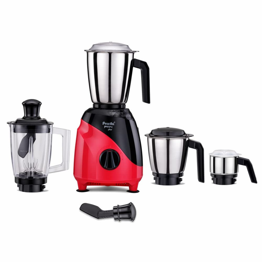 Preethi Peppy Plus MG-246 Mixer Grinder 750 watt Red-Black 4 Jars - Super Food Jar with Texture Builder 3D Airflow Technology Vega W5 Motor with 5yr Warranty Lifelong Free Service Standard