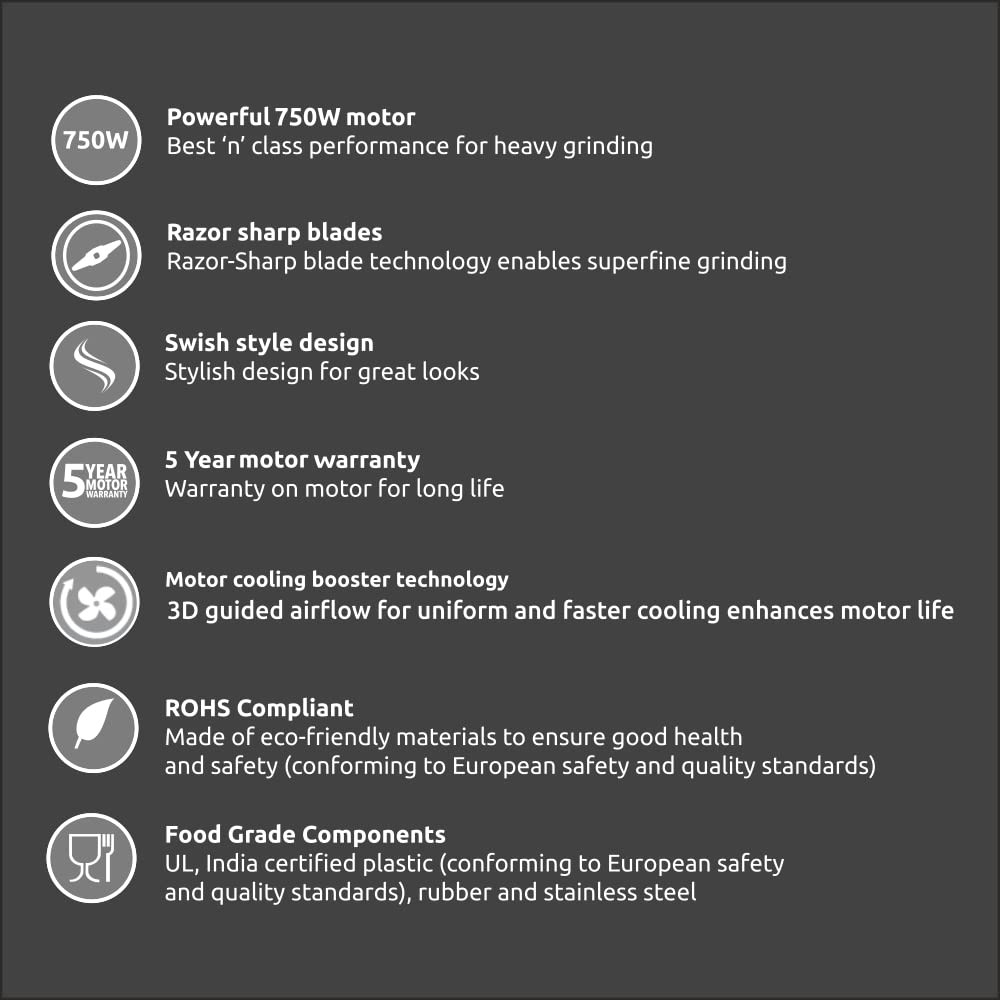 Preethi Peppy Plus MG-246 Mixer Grinder 750 watt Red-Black 4 Jars - Super Food Jar with Texture Builder 3D Airflow Technology Vega W5 Motor with 5yr Warranty Lifelong Free Service Standard